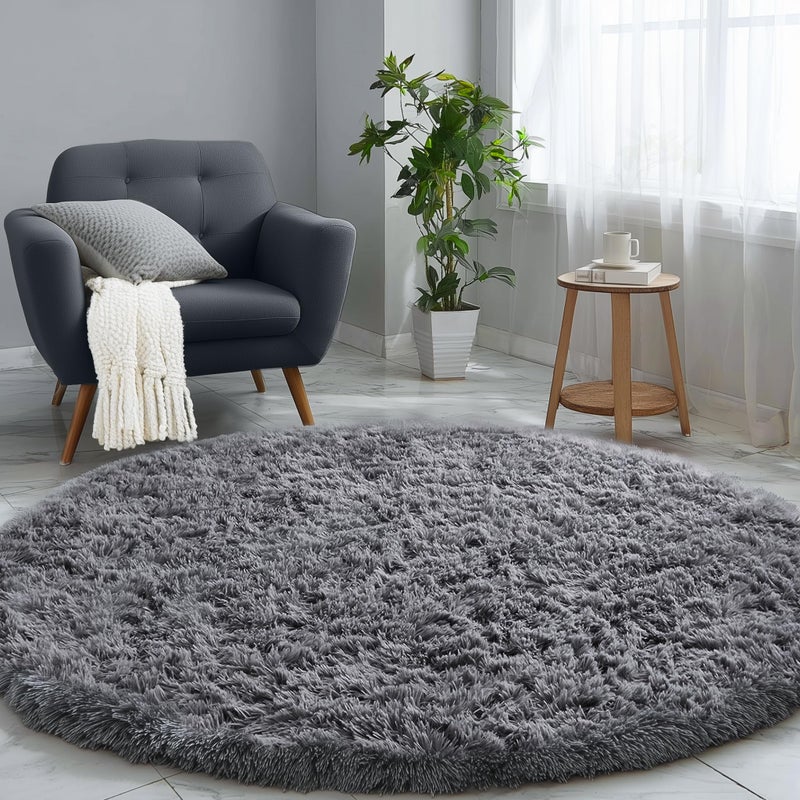 PAGISOFE Round Rugs 5Ft, Grey Circle Rugs for Living Room Kids Bedroom, Fluffy Carpets for Bedroom Boys, Indoor Shaggy Rugs Small Teepee Furry Mat, Comfy Reading Rug for Girls Boys Baby Room - Image 1